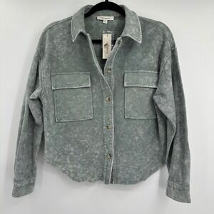 Francesca's Acid Wash Button Down Shacket Cropped Sage Green‎ Size Small NWT